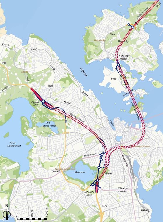 Fakta Rv 13 Ryfylke (Solbakk)tunnelen (Ryfast) 14 km ca 290 muh, maks 8 % stigning 2 løp med 2 felt i hver retning (T8,5) Trafikk: ca 8 000 kjt/døgn i 2035 Rv 13 Hundvågtunnelen (Ryfast) 5,5 km ca 95