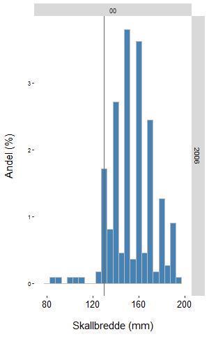 Figur 3. Størrelsesfordelingen for hele fangsten, hanner og hunner sammenslått, fra områdene 00, Vestfjorden og 28, Sogn og Fjordane for henholdsvis året 2006 og perioden 2010-2011 og 2013-2014.