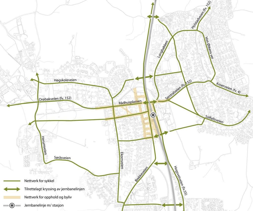 Prioritert for syklende Syklende skal prioriteres på flere traseer inn til og gjennom sentrum fra omkringliggende bebygde områder. Kartet viser traseer som foreslås prioritert for sykkel, bl.a. Brekkeveien, Hogstvedtveien, Langbakken, Rådhusplassen, og fv 152.
