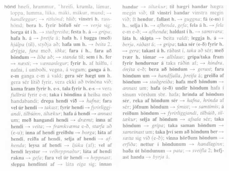 Fraseologien i forgrunnen fraseologisk register som ledd i ordbokens tilgangsstruktur 161 Figur 1. Artikkelen hönd i Íslensk samheitaorðabók.