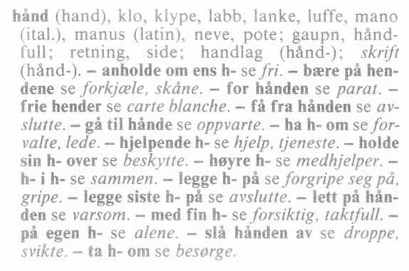 162 Jón Hilmar Jónsson Figur 2. Artikkelen hånd i Norsk synonymordbok. 6.