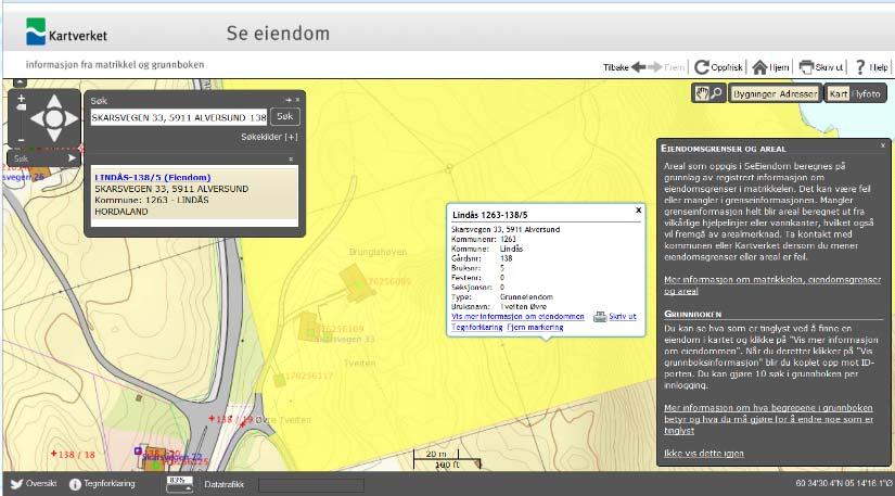 Oppslag i publikumsløsningen Se eiendom er Kartverkets nettløsninger for å vise publikum informasjon fra matrikkelen og grunnboken.