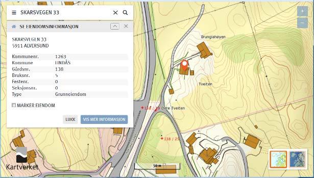 I www.norgeskart.no vil det se slik ut: For å finne denne eiendommen kan man alternativt søke på «1263-138/5» eller «138/5, Lindås». Det er også mulig å søke på stedsnavn.