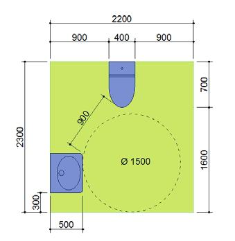 WC Plass for snusirkel med diameter 1,5m foran toalett.