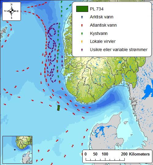 Fig. 2.2 Strømningsmønster i området rundt PL 734. I den sørlige Nordsjøen (56-58 N) er den dominerende vindretningen i løpet av året fra sørvest.