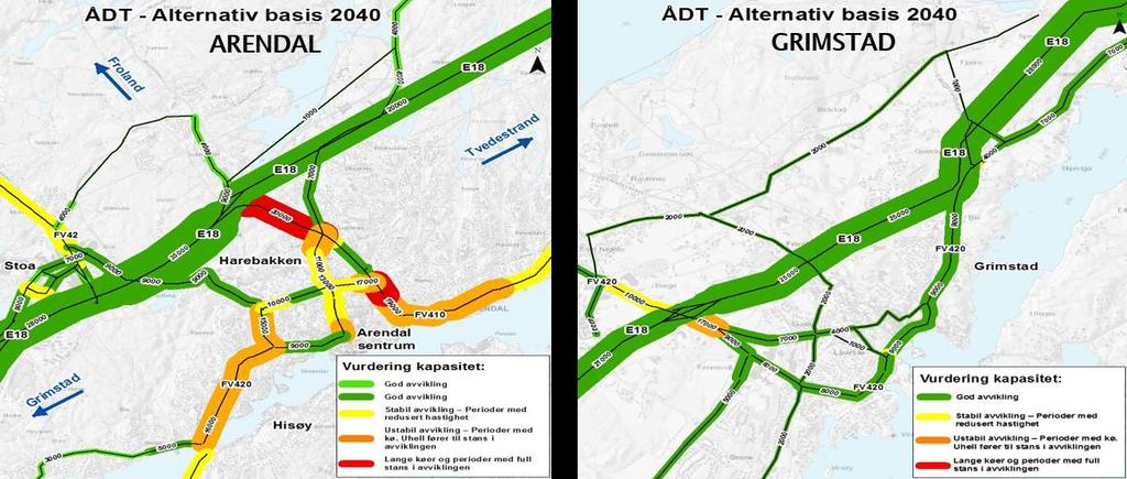 Figur 3: Illustrasjon av trafikksituasjonen i 2040 i Arendal og Grimstad uten tiltak Beregningene viser at det blir om lag 45 000 flere bilreiser i Arendal- og Grimstad-regionen i 2040 enn det som