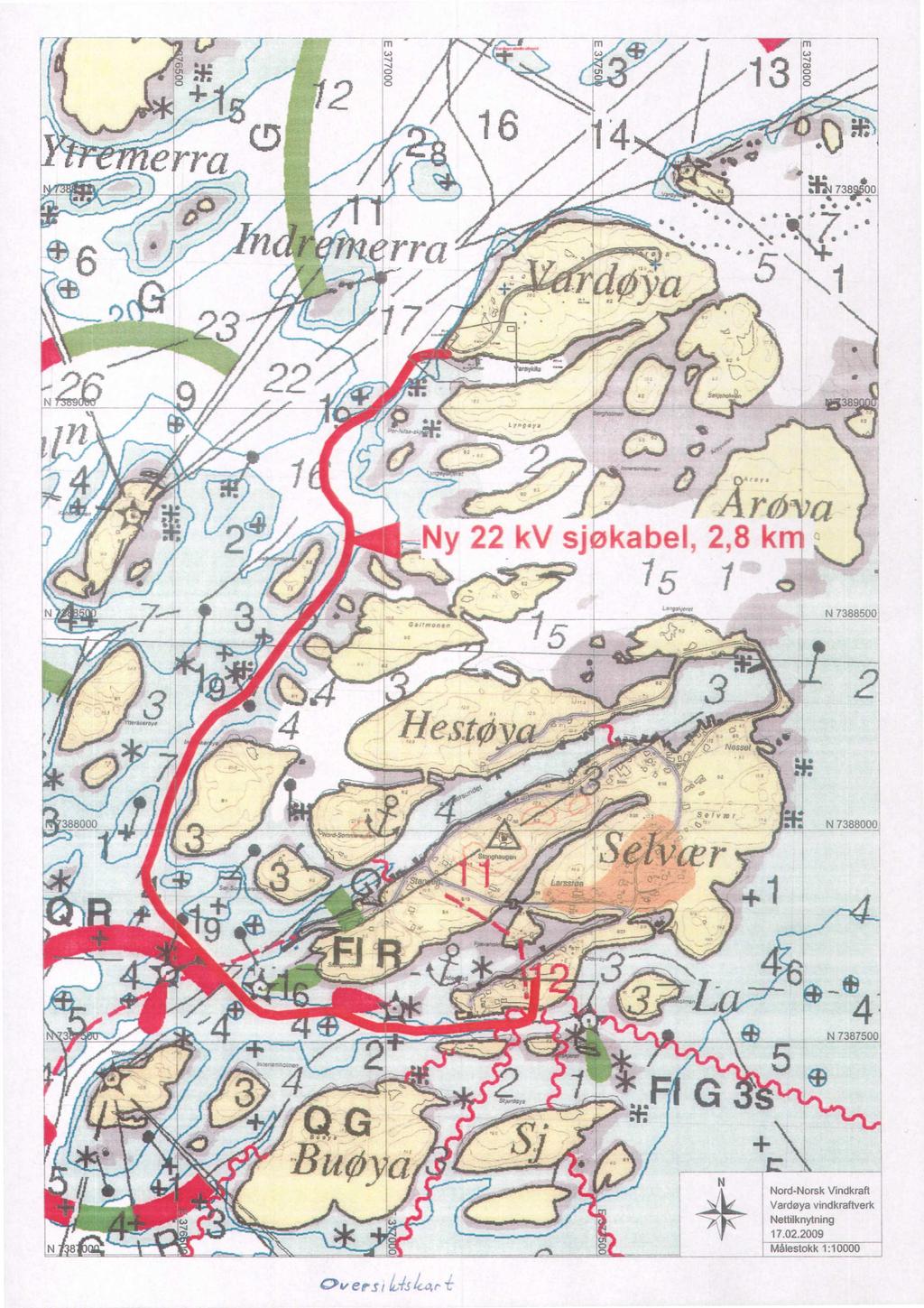 Ihr 1 4 vir 13 1 M34o7 7 0,5 1 Ny 22 kv sjøkabel, 2,8 km 15 it"11 /5 1,! 3. N 7388500 _ :E N 7388000 + 1 _q3 N 1:h -43 4.