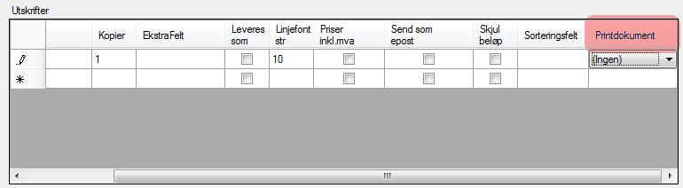 Ordre Aktivisere et formular I utskrifter-vinduet tilhørende en ordremal legger du til en kolonne som heter «PrintDocument».