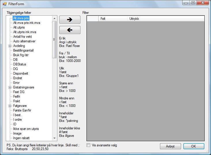 Appendiks D Høyreklikk-menyen Sett filter Ved å sette et filter kan tabellen inkludere eller ekskludere innhold som passer kriteriene du setter. Et filter kan bestå av flere deler.