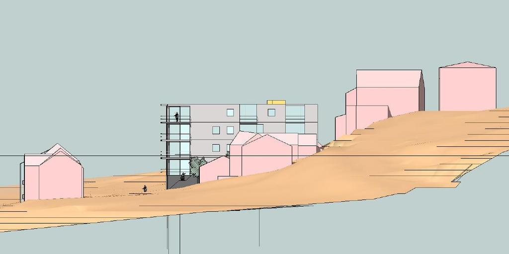 S i d e 14 Figur 7: Illustrasjon snitt, fasade sørvest (PW Arkitekter AS) Illustrasjonene over viser hvordan de to byggene vil påvirke utsikten for omkringliggende bebyggelse.