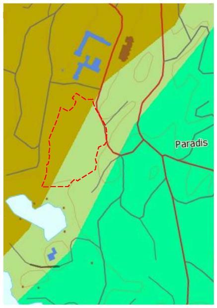 Figur 3. Temakart som viser høydeforskjellene i planområdet. Figur 4. Temakart som viser berggrunn i planområdet (rød stiplet linje).