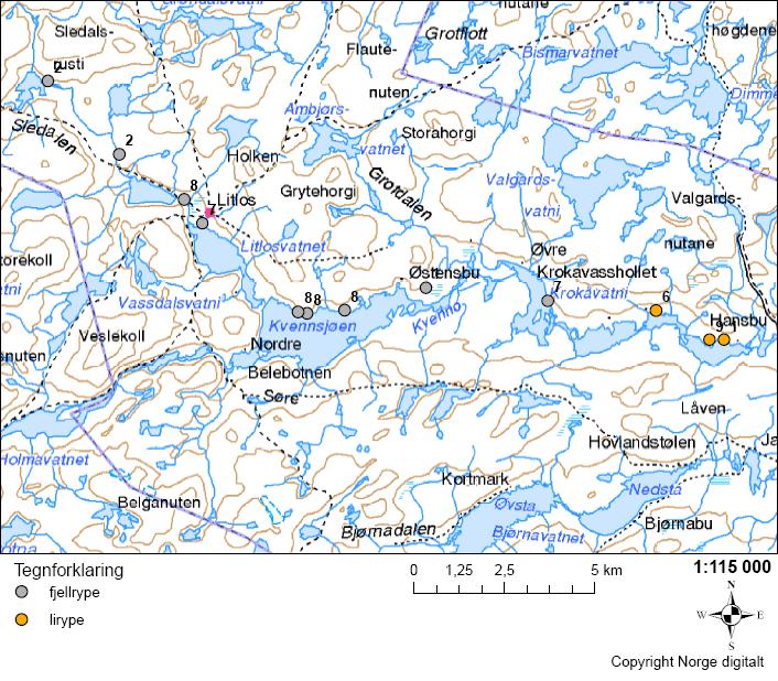 Figur 39. Liryper Lagopus lagopus observert i nedre del av Kvennavassdraget. Tallet ved symbolene i figuren indikerer hvor mange individer som ble observert i hver registrering. Figur 40.