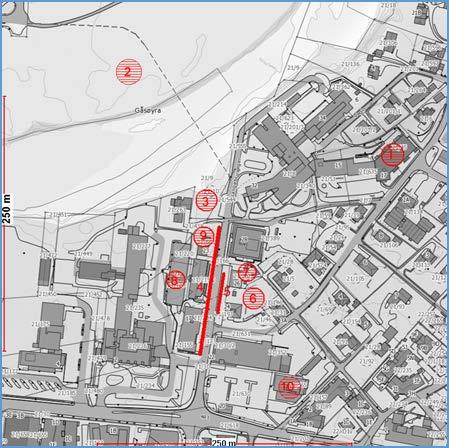 Figur 16 Skisse som viser mulege parkeringsplassar nær Langebruvegen 1. Eksisterande parkeringskjellar Helsetunet (utnytte ledig kapasitet) 2.