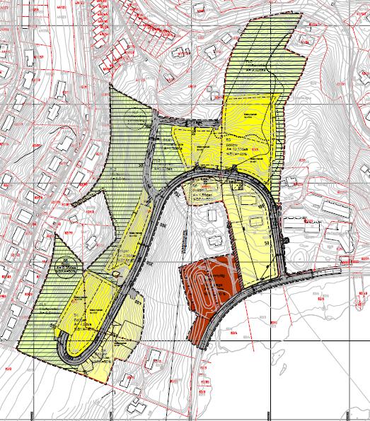 Figur 2: Nedre del av gjeldende reguleringsplan for Hatlestad med innstipling av opprinnelig planforslag. Figur 3: Opprinnelig planforslag som var til offentlig ettersyn.