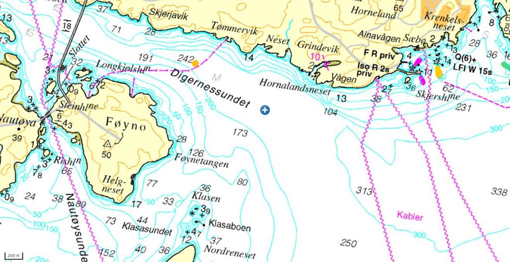 2 Miljøtilstand for resipienten Fra kartet (fig 1) ser man at Digernessundet er dypt og åpent, og godt eksponert for strøm- og utskiftingsforhold; særlig ut mot Hardangerfjorden i retning sørøst.