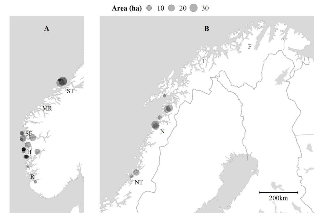 Figur 166 Tillatt dyrkingsareal for makroalger langs kysten av Sør-Norge (a) og Nord-Norge (b) per januar 2017.