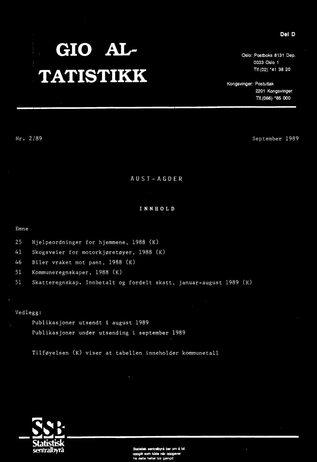 Innbetalt og fordelt skatt, januar-august 1989 (K) Vedlegg: Publikasjoner utsendt i august 1989 Publikasjoner under