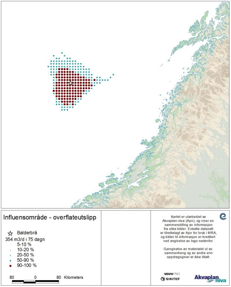 Figur 56 Influensområdet (mer enn 1 tonn olje i en 10x10 km rute) for sjøbunnsutslipp av høyeste rate og 75 dagers