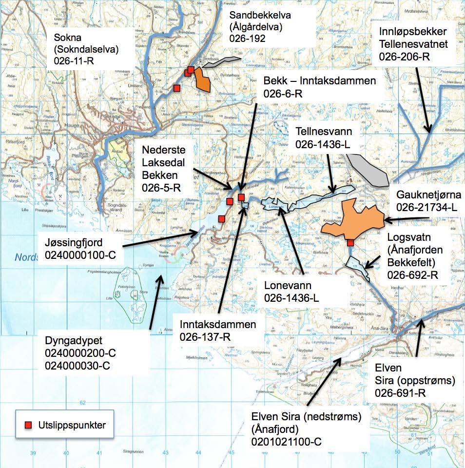 Titania AS: Vannovervåking, resultater 2016 27. februar, 2017 Figur 4: Vannforekomster, oversiktskart 1.2.1 Sandbekkelva / Sokna Resipienten Sandbekkelva / Sokna omfatter to vannforekomster, Ålgårdselva og Sokndalselva.