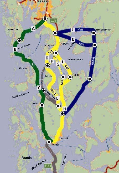 KONSEPT: K1: Dagens veg (0-alternativ) K2: Dagens veg, utbetra og 20 min ferjefrekvens K3: Ytre linje over