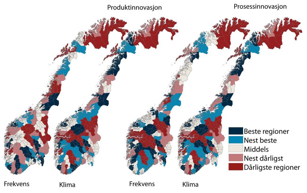 Regionale mønstre Figur 78: Innovasjonsfrekvens og innovasjonsklima for produkt og prosessinnovasjon i regionene.