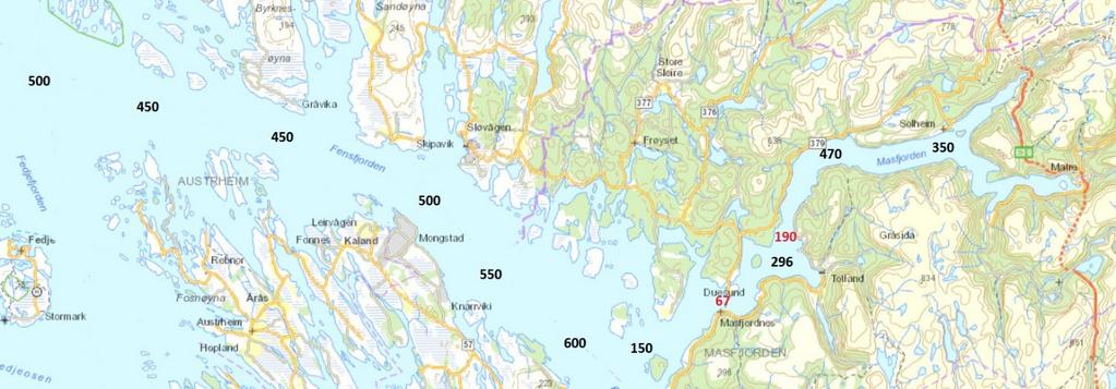 Figur 1: Kartskisse over Masfjorden og Fensfjorden. Svarte tal syner største djupne, medan tersklar er markerte med raude tal. Skjermdump frå kart.