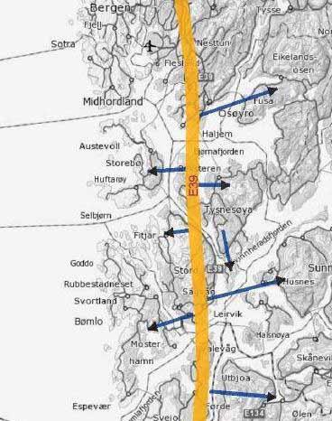 Ny E39 Samferdsledepartementet tok i desember 2013 endeleg stilling til ny trasé for E39 mellom Aksdal og Os, og den nye europavegen skal kryssa Bjørnafjorden med bru mellom Tysnes og Os.