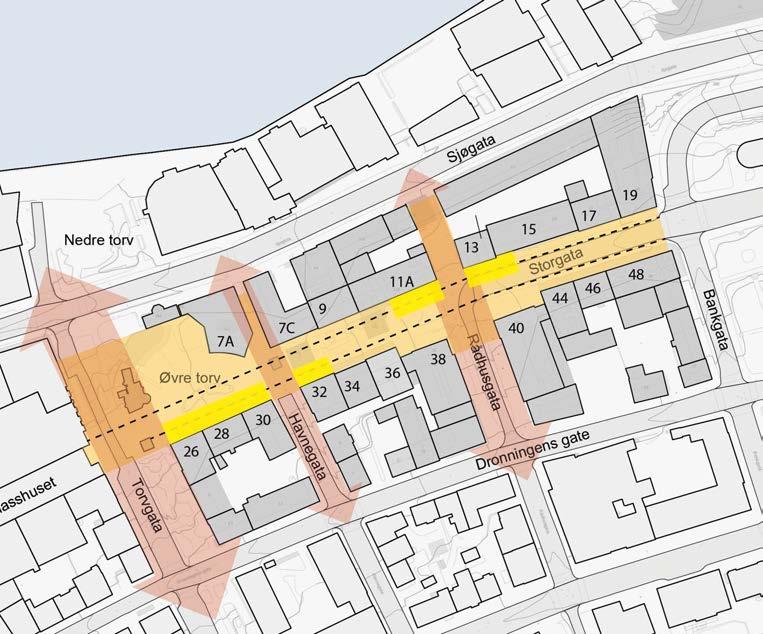 1. Solsider Mulige hovedinnganger Eksisterende innganger Torvet: foran Storgata 26, 28, 30 og 32 er det gode solforhold