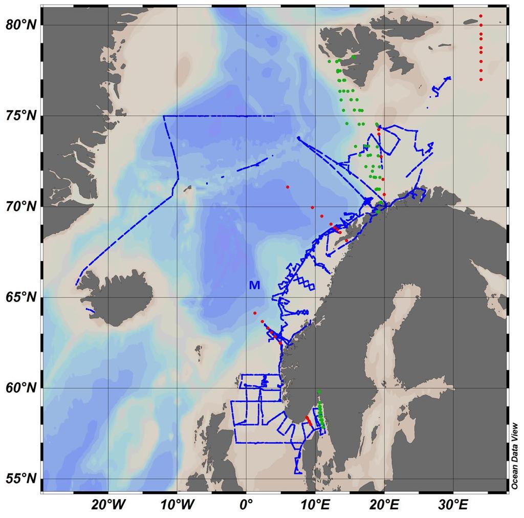 Figur 1a. Kart over hele innsamlingsområdet for havforsuringsprogrammet 2016. Forklaring følger i Figur 1b, der det er fokusert på kysten. Figure 1a.