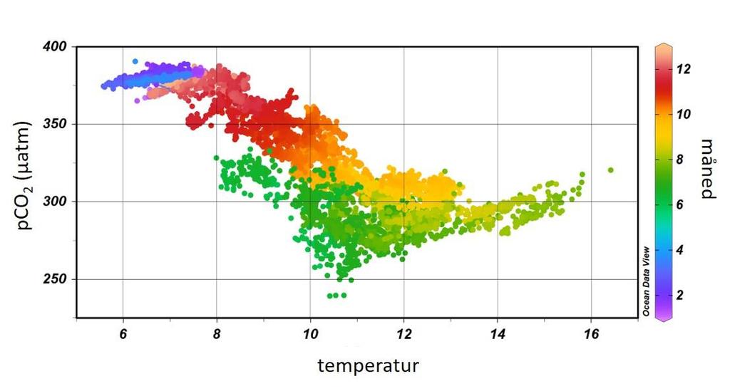 Figur 20d. pco2 i havoverflata på Stasjon M fra høsten 2011 til høsten 2015 som funksjon av temperatur. Fargeskala viser måned. Figure 20d.