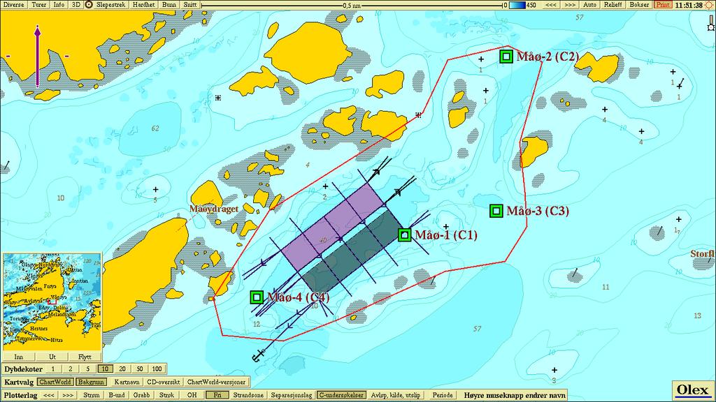 Plasseringen for strømmåleren er markert med flagg. Kartdatum: WGS84. Figur 3.4.2.