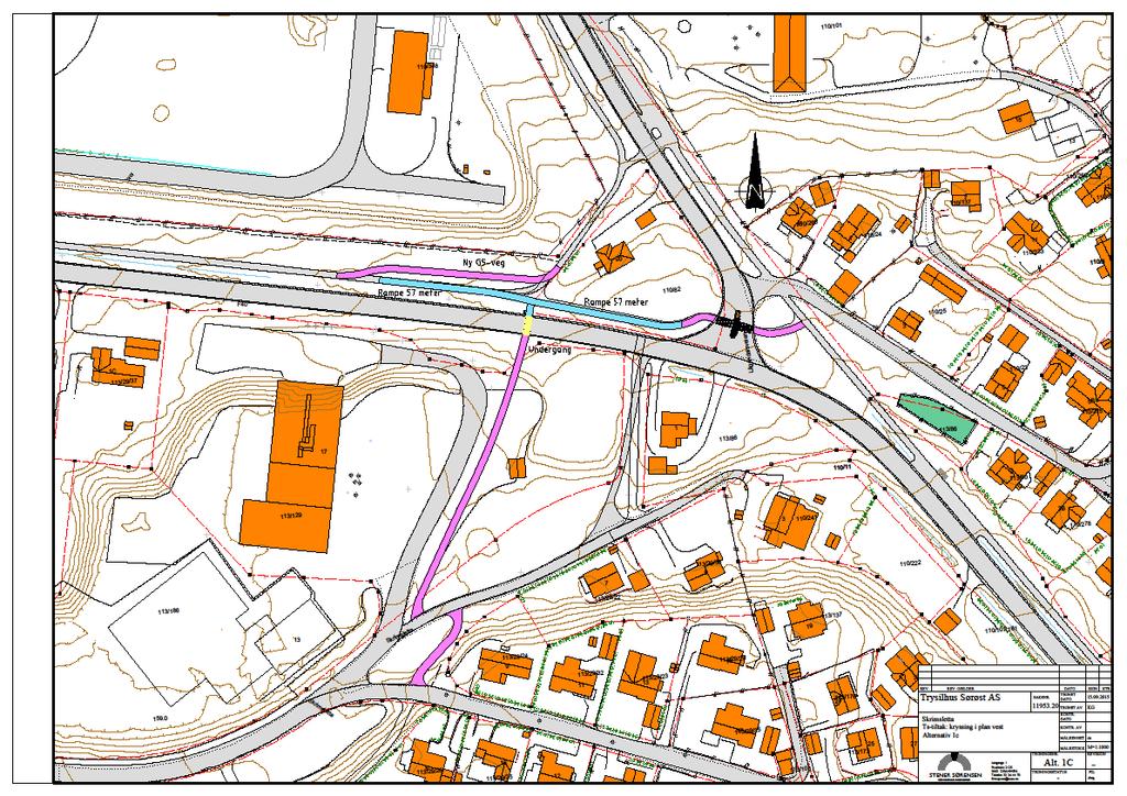 Vestsiden av krysset I forbindelse med utarbeidelse av Alt. 3 er det gjort en vurdering av anleggelse av kulvert på vestsiden av krysset. Løsningen ble benevnt i altenativ1c som vist under.