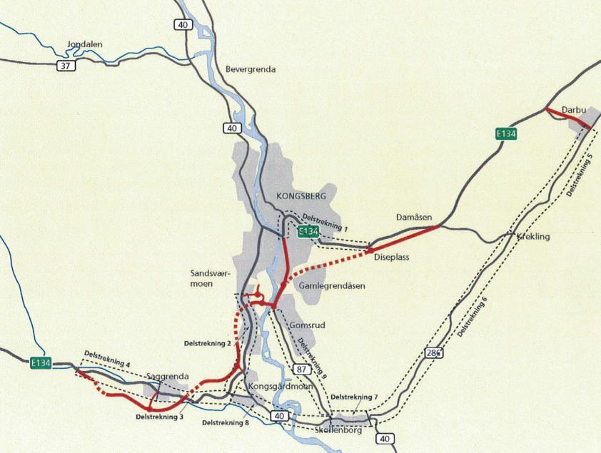 Kartet viser ny E134 samt omkjøringsveier som kan benyttes ved stengte