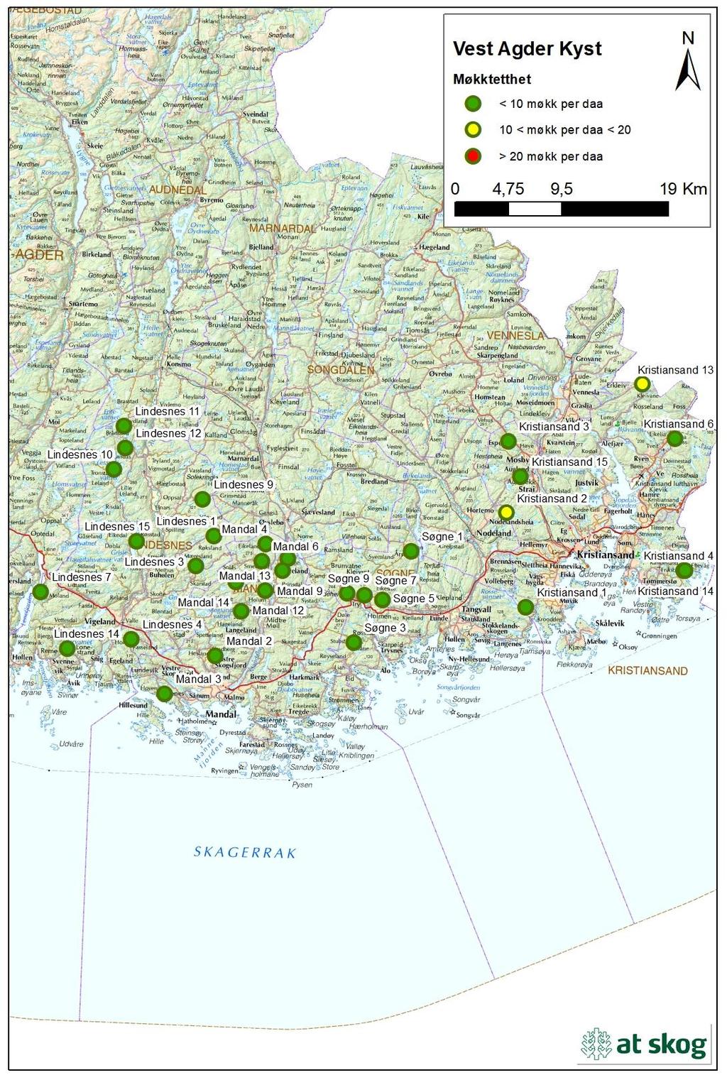 Figur 14. Gjennomsnittlig møkktetthet for takserte bestand i region «Kyst».