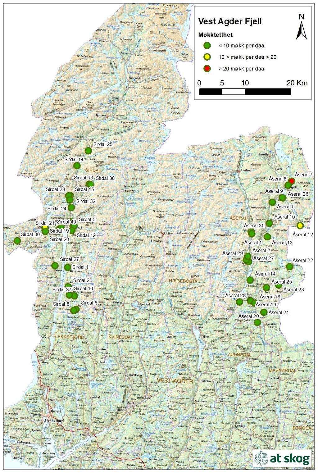 Figur 18. Gjennomsnittlig møkktetthet for takserte bestand i region «Fjell».