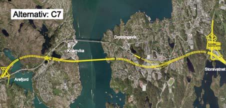 Arefjordspollen og i kort tunnel til Mustadvatnet i Valen/Knarrvika området. Ny 4-felts bru m/gangog sykkelveg over sundet mellom Sotra og Bergen.