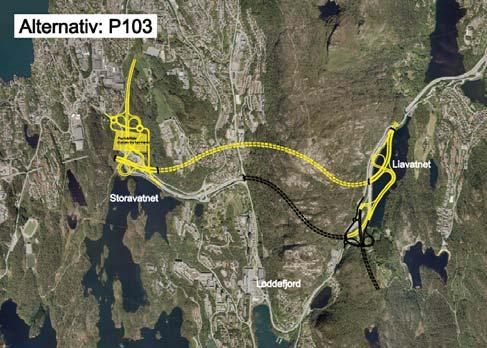 Alternativ P103 - Ny tunnel mellom kryss ved Storavatnet og nytt kryss ved Liavatnet Vegsystem Frå nytt kryss i dagen med alle svingebevegelsar ved Storavatnet, vert det etablert ny tunnel (ca 2 km)