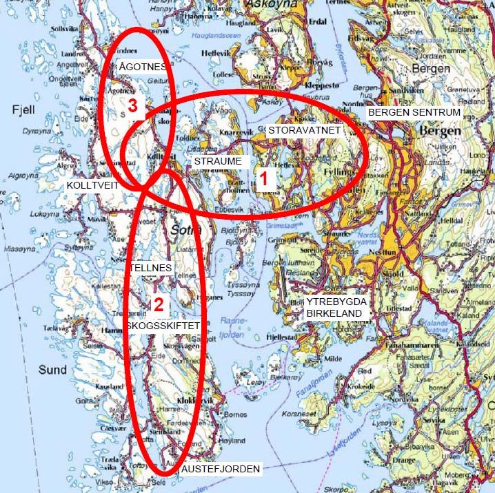 2 Innleiande del 2.1 Lokalisering Nytt Sotrasamband omfattar nytt fastlandssamband mellom Sotra og Bergen og nytt nord-sørsamband på Sotra mellom Ågotnes i nord til Austefjorden i sør.