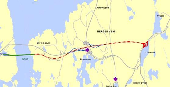 Sotratrafikken vil gå i ny lang tunnel fram til Liavatnet Askøytrafikken og lokaltrafikken kan nytte dagens rv 555 slik den er i dag mellom Storavatnet og Liavatnet fram til dagens kryssområde ved
