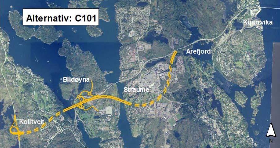 12.2.2 Traséalternativ på strekninga Kolltveit Storavatnet Konsept F: Nytt 4 felts vegsamband i dagens korridor ny 4 felts bru mellom Sotra og Bergen Hovudgrepet i konsept F er å bygge nytt firefelts