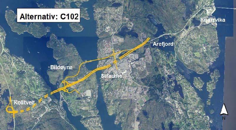Alternativ C102 miljøtunnel for veg gjennom Straume Vegsystem Alternativ C 102 er ny tunnel Kolltveit Bildøystraumen, ny bru over Bildøystraumen, nytt kryss på Bildøy som i alt C 101.