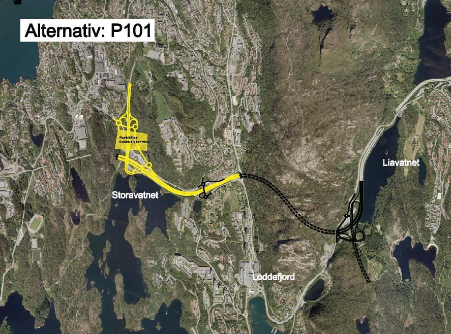 12.2.3 Traséalternativ på strekninga Storavatnet - Liavatnet Vegløysing på Bergenssida føreset eit felles knutepunkt med kryss i dagsone ved Storavatnet både for hovudvegsystem og lokalvegnett.