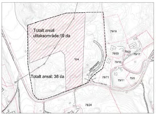3. Forslag til avgrensing av planområdet Planområdet er foreslått avgrensa til å omfatte eit samla areal på 38 daa.