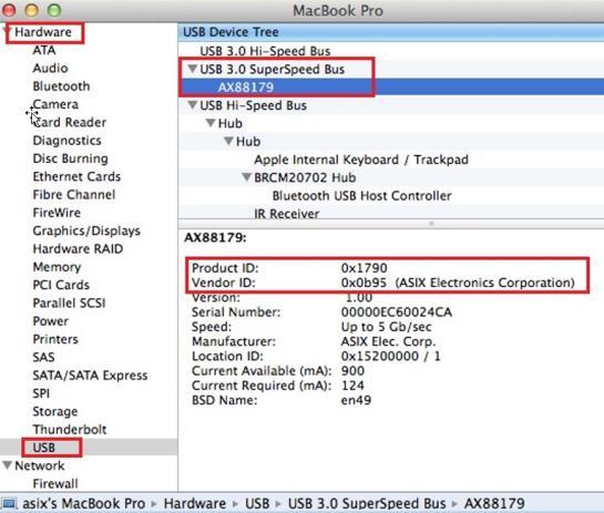 Se følgende informasjon for å dobbeltsjekke at din USB-dongle er korrekt identifisert av ditt Mac OSX system og at AX88179/AX88178A Mac OSX er