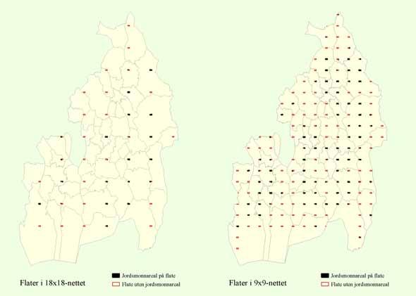 Figur 1: Fordeling av flater i 18x18- og 9x9-nettet for Oslo, Akershus, Østfold og Vestfold 3.