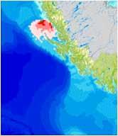 Overflateutslipp: Influensområde for 1120 modellerte oljeutslipp på 4500 tonn i 2 døgn fra venstre: Nordland V, VI (punkt 1), VII og Troms II. Figur 5.7.2..2c.