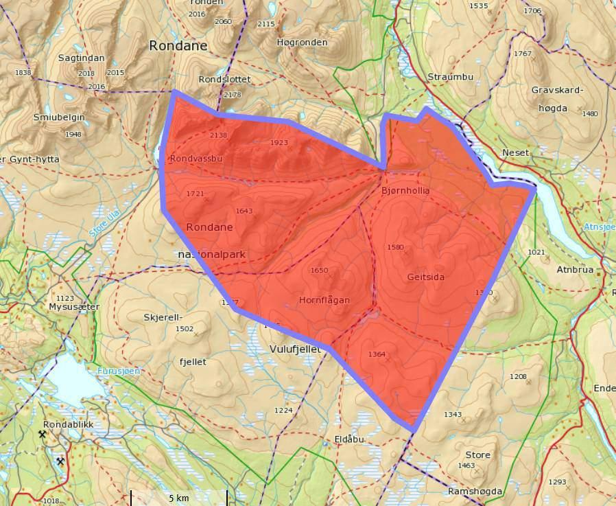 Rød skravering markerer område med kjøreforbud i Dovre kommune (Dovre nasjonalpark og Grimsdalen