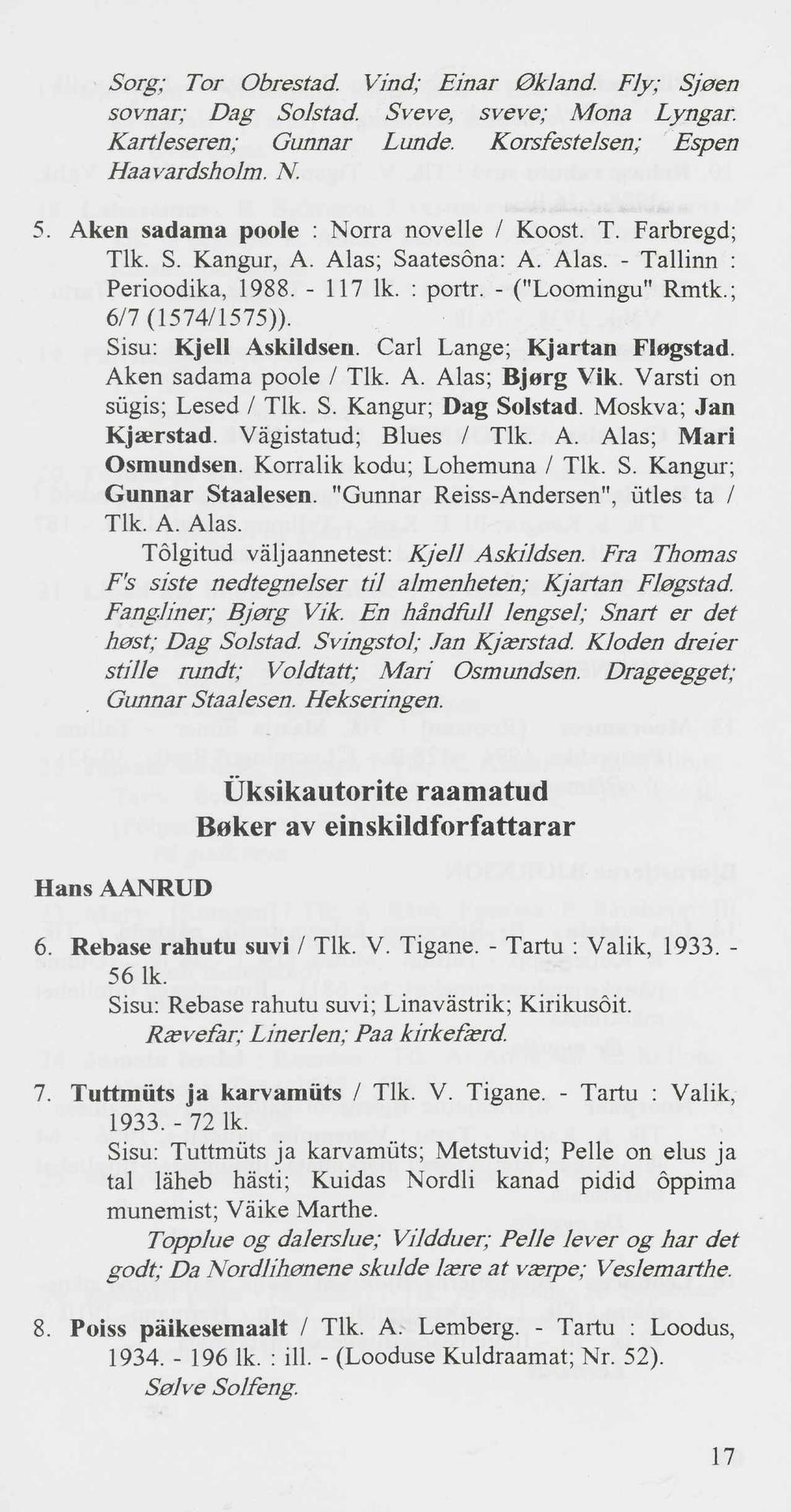 Sorg; Tor Obrestad. Vind; Einar 0kiand. Fly; Sj0en sovnar; Dag Solstad. Sveve, sveve; Mona Lyngar. Kartleseren; Gunnar Lunde. Korsfestelsen; Espen Haavardsholm. N. 5.