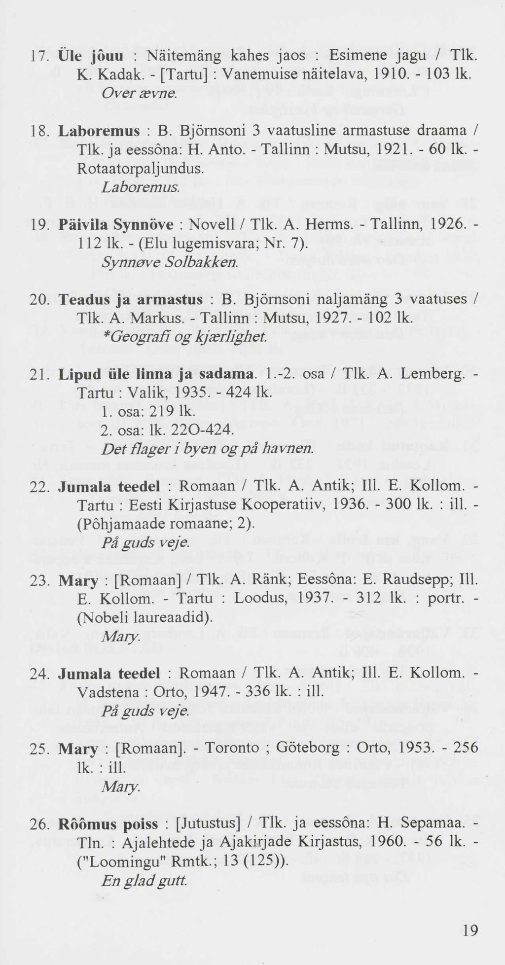 17. Üle jõuu : Näitemäng kahes jaos : Esimene jagu / Tlk. K. Kadak. - [Tartu] : Vanemuise näitelava, 1910. - 103 lk. Over aevne. 18. Laboremus : B. Bjömsoni 3 vaatusline armastuse draama / Tlk.