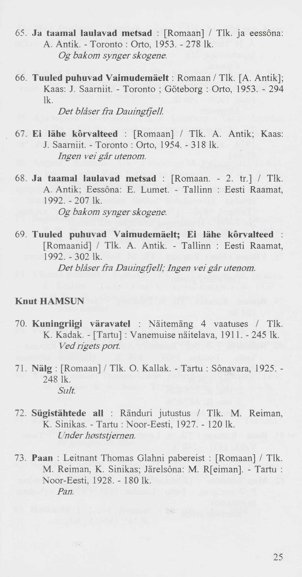 65. Ja taamal laulavad metsad : [Romaan] / Tlk. ja eessõna: A. Antik. - Toronto : Orto, 1953. - 278 lk. Og bakom synger skogene. 66. Tuuled puhuvad Vaimudemäelt : Romaan / Tlk. [A. Antik]; Kaas: J.